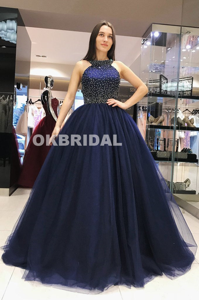 Elegant A-Line Beaded Prom Dresses, Charming Tulle Floor-Length Backless Prom Dresses, KX510