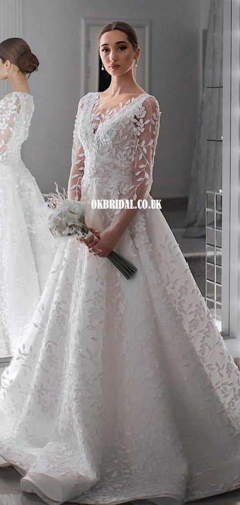 Charming A-line Lace Long Sleeves Wedding Dresses, FC5174