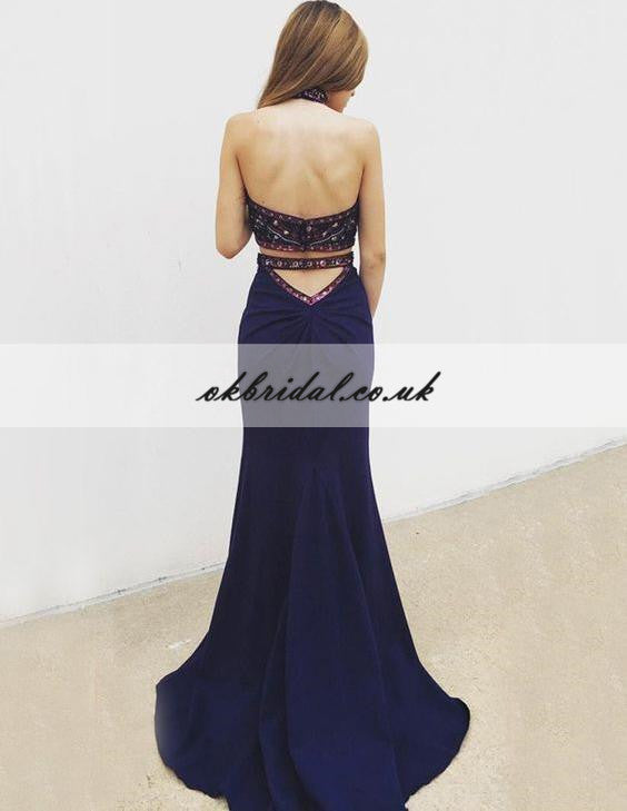 Halter Two Pieces Prom Dress, Beaded Top Backless Mermaid Prom Dress, KX517