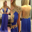 Gold Cap Sleeve Seen Through Back Deep V Neck Long Prom Dress, WG519