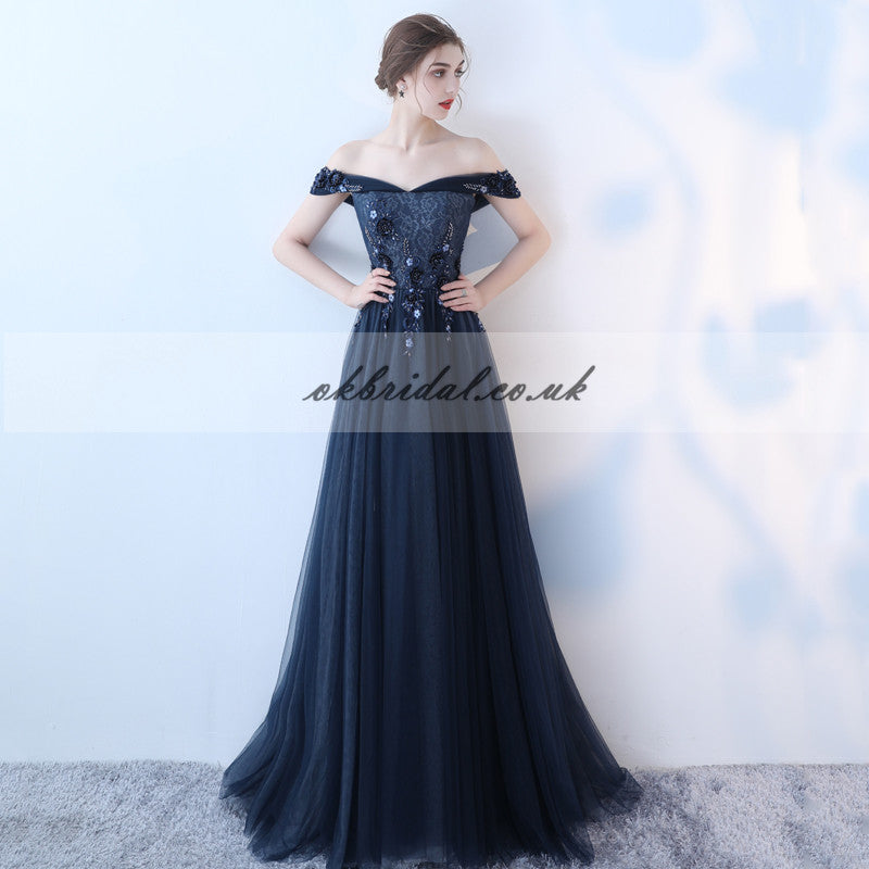 Off Shoulder Lace Prom Dress, Charming Applique Beaded Vintage Prom Dress, KX519