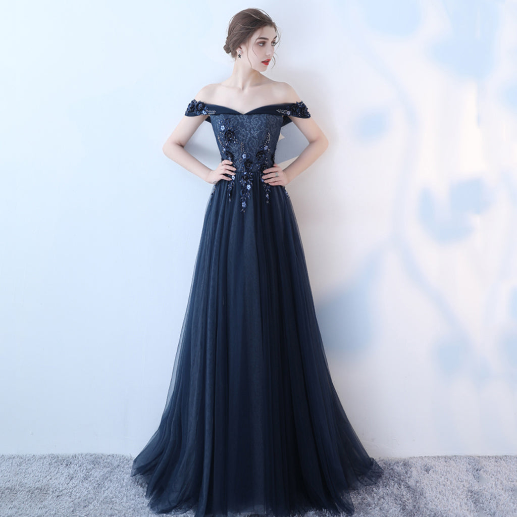 Off Shoulder Lace Prom Dress, Charming Applique Beaded Vintage Prom Dress, KX519