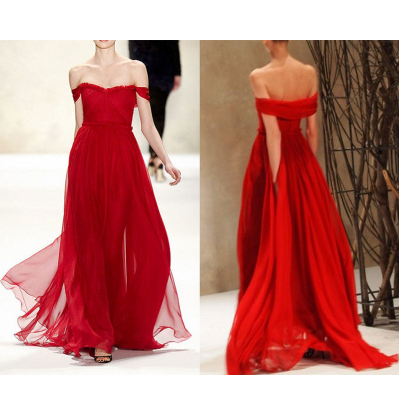 Red Off Shoulder Chiffon Formal A Line Cheap Simple Long Prom Dress, WG521