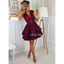 Lace V-Neck Homecoming Dress, Satin Knee-Length Cap Sleeve Sequin Homecoming Dress, KX53