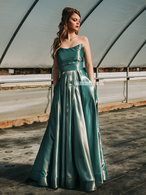 Simple Designed A-line Satin Backless Long Prom Dresses, FC5403