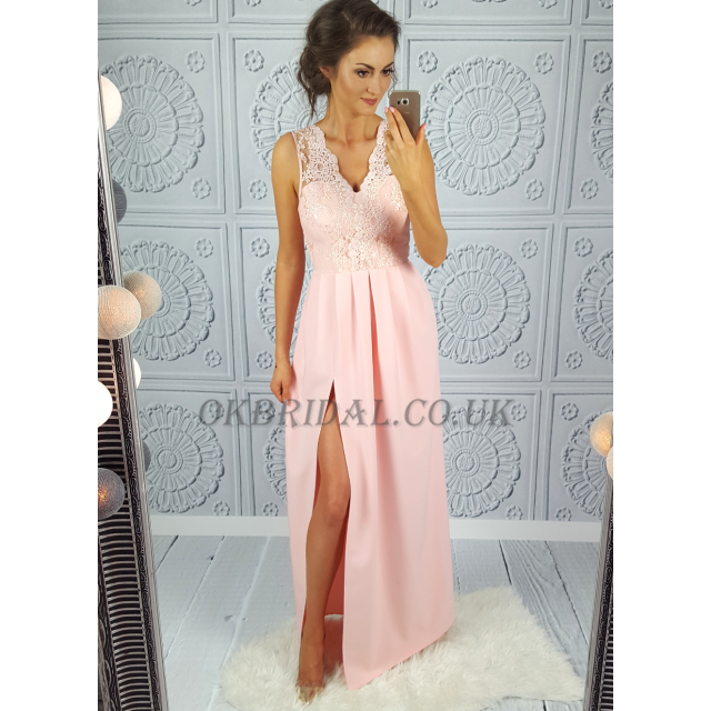 Pink Lace Prom Dress, V-Neck Prom Dress, Sexy Side Split Prom Dress, KX55