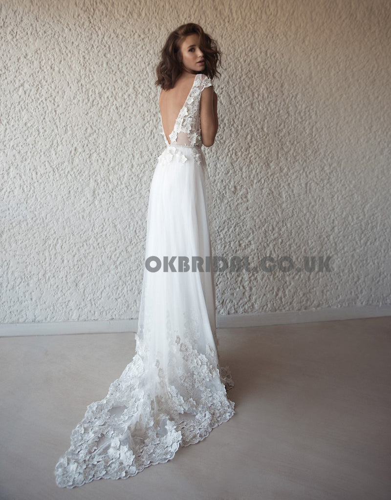 Charming A-Line V-Neck Applique Backless Tulle Wedding Dresses, KX566