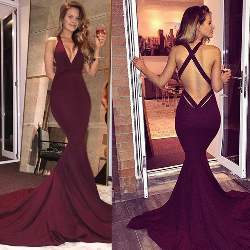 Long Prom Dresses, Satin Prom Dresses, Mermaid Party Dresses, Criss-Cross Straps Evening Dresses, Deep V-Neck Prom Dress, Backless Prom Dress, Prom Dress with Court Train, LB0569