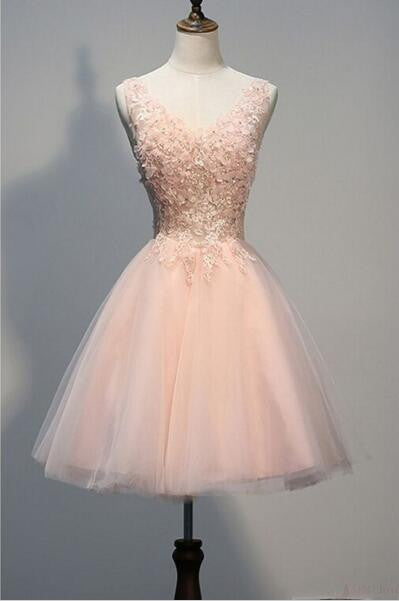 Blush Pink V Back Homecoming Dresses,2017 V-Neck Tulle Short Cocktail Dress Girls Graduation Gowns,220057