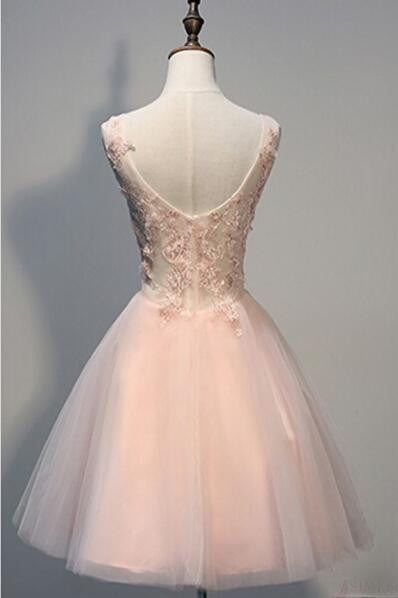 Blush Pink V Back Homecoming Dresses,2017 V-Neck Tulle Short Cocktail Dress Girls Graduation Gowns,220057