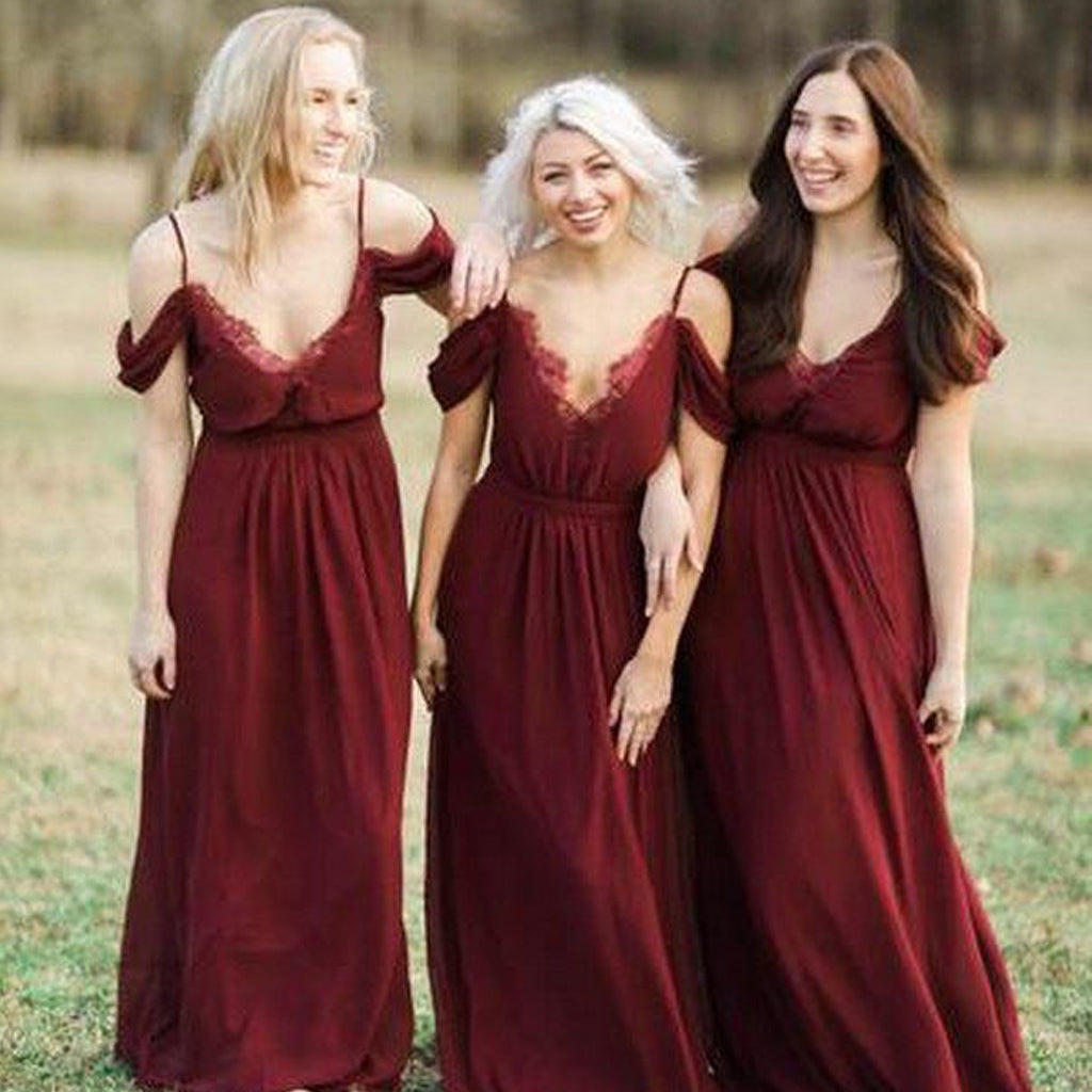 V-Neck Chiffon Bridesmaid Dress, Lace Off Shoulder Bridesmaid Dress, KX576