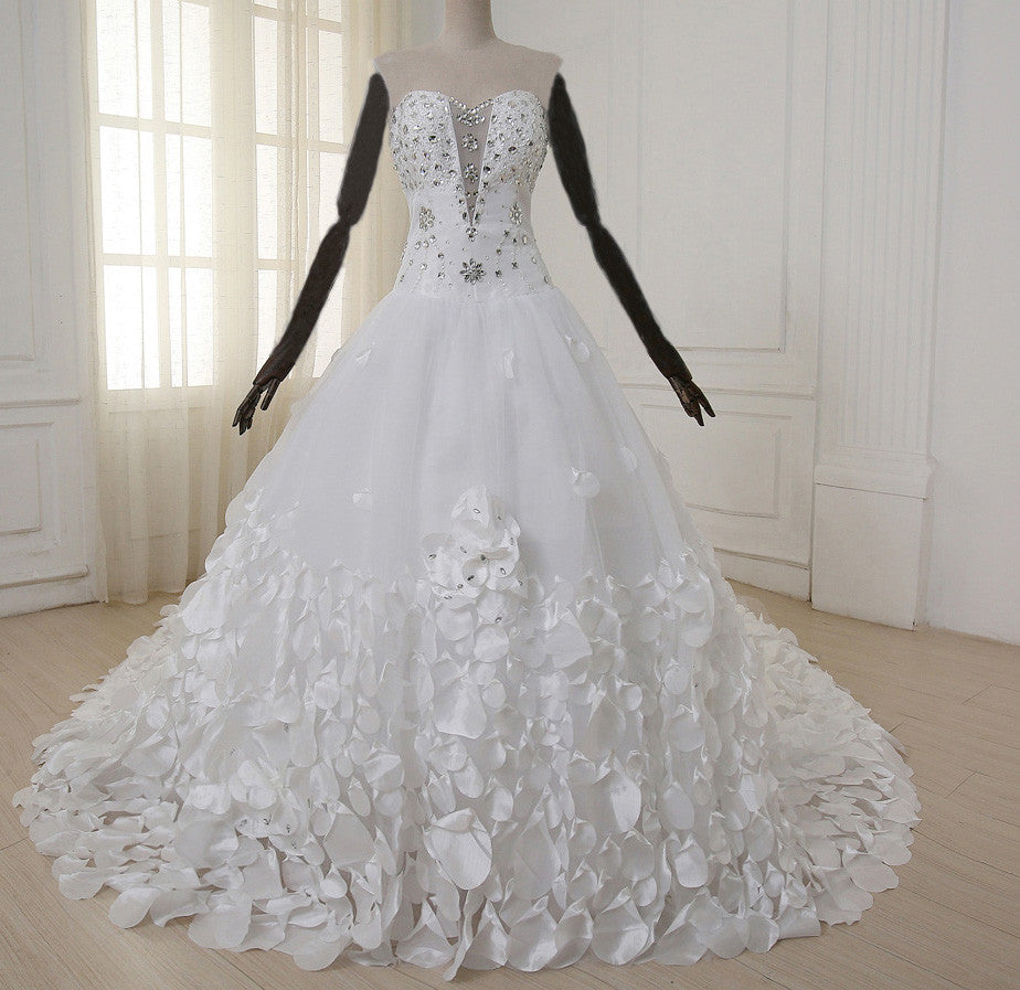 Luxury Soft Tulle Hand Made Sweetheart Sequin Rhinestone backless Wedding Dresses with Long Train,220058