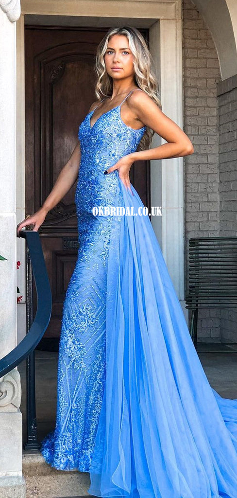 Fabulous Lace Spaghetti Straps V-neck Mermaid Tulle Long Prom Dresses, FC5811