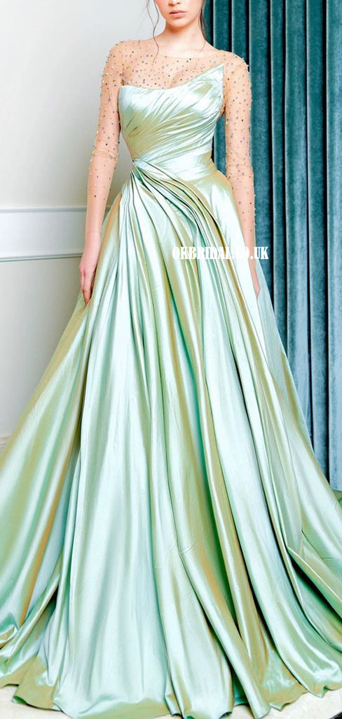 Long Sleeves A-line Satin Honest Tulle Beaded Prom Dresses, FC5840