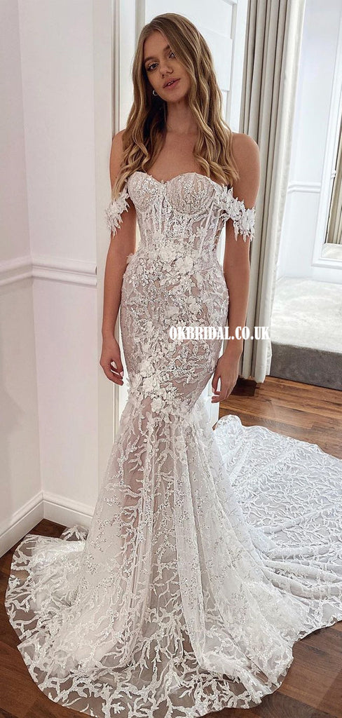 Stunning Off Shoulder Lace Mermaid Sweetheart Backless Wedding Dresses, FC5864