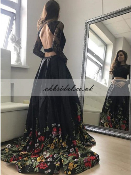 Long Sleeve Lace Two Pieces Prom Dress, Open-Back Printed Flower Prom Dress, KX587