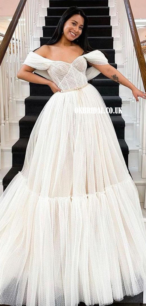 Charming Off Shoulder Tulle A-line Backless Long Wedding Dresses, FC5883