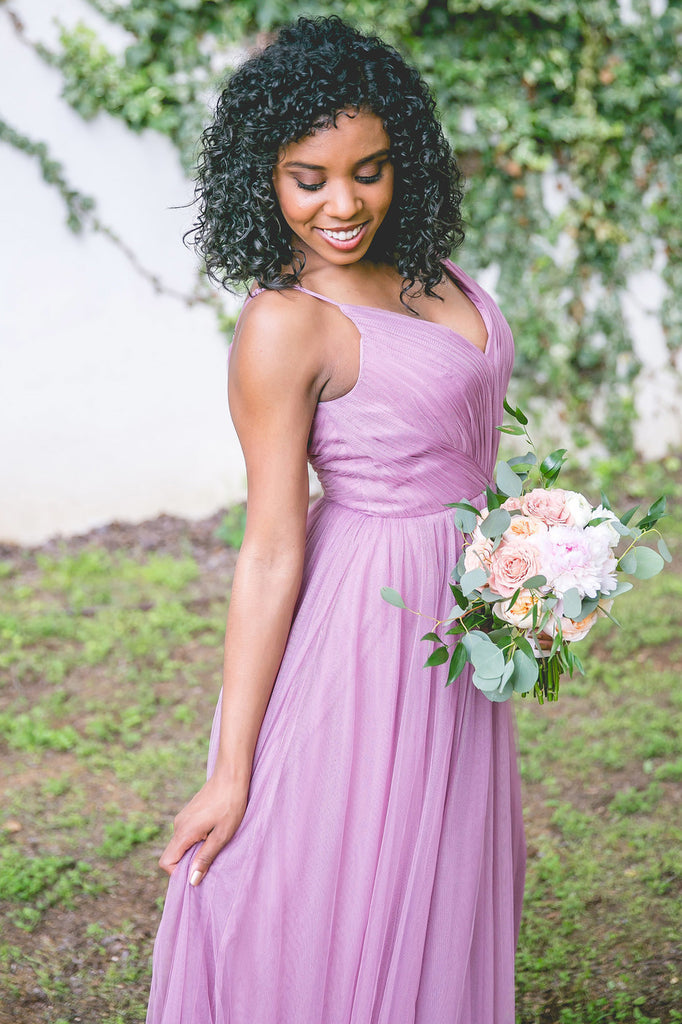 Long Tulle Bridesmaid Dress, Spaghetti Straps Sleeveless V-Back Bridesmaid Dress, LB0590