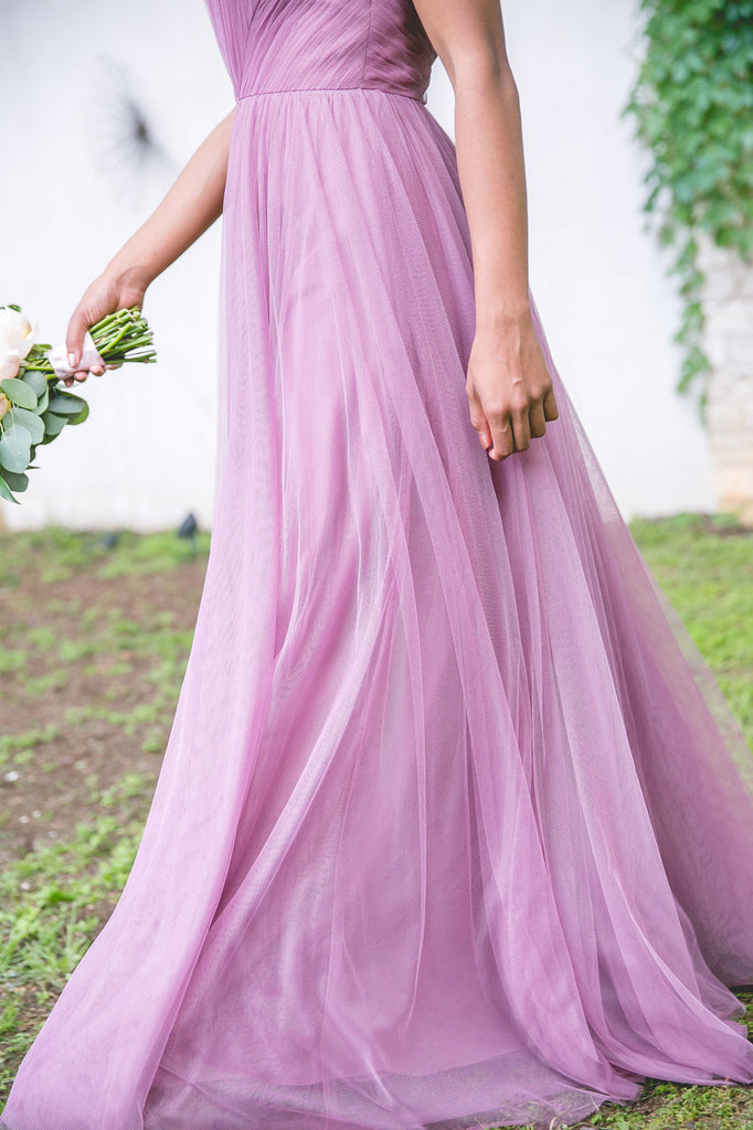 Long Tulle Bridesmaid Dress, Spaghetti Straps Sleeveless V-Back Bridesmaid Dress, LB0590