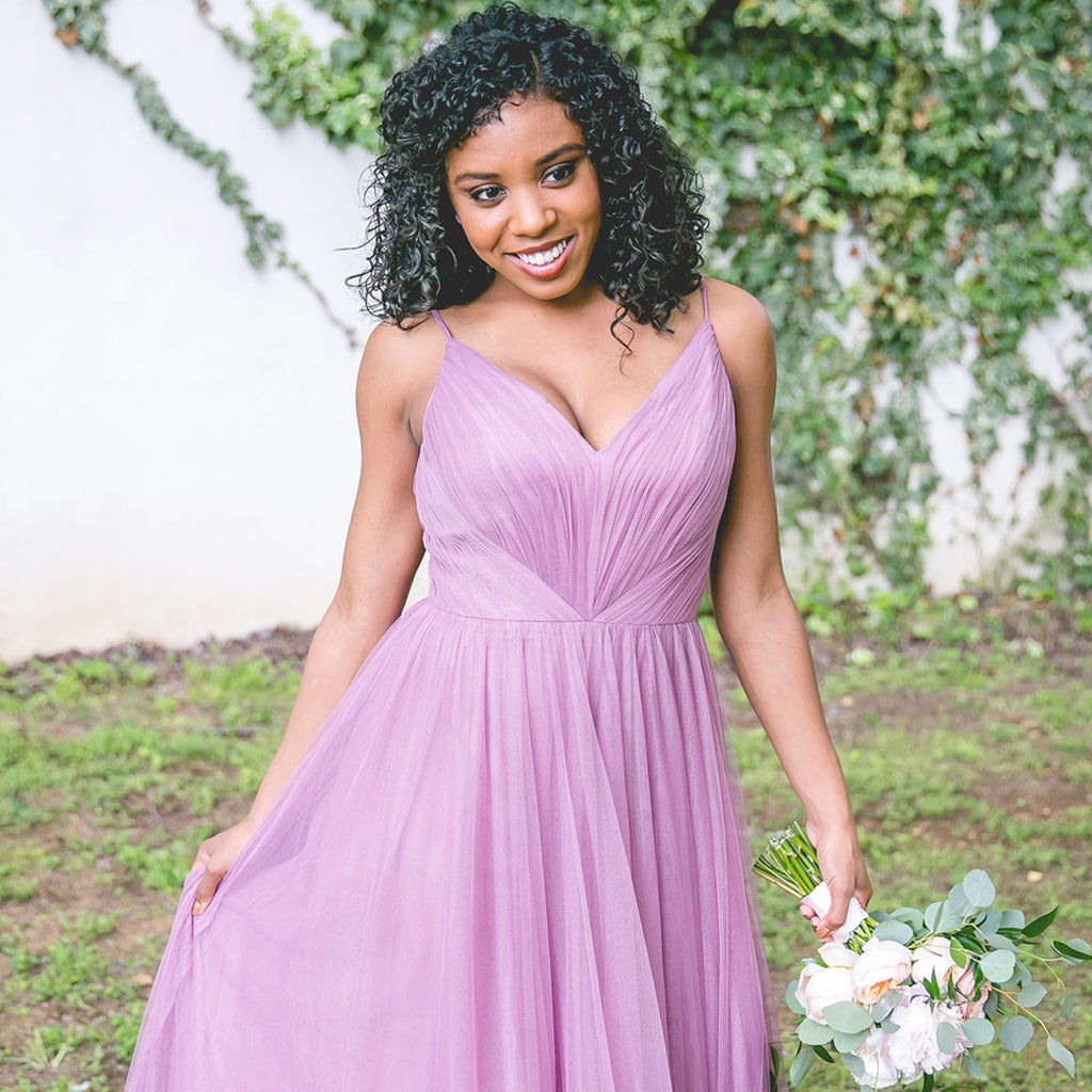 Long Tulle Bridesmaid Dress, Spaghetti Straps Sleeveless V-Back Bridesmaid Dress, LB0590