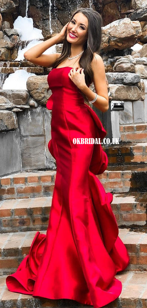 Stunning Straight Neck Mermaid Red Satin Long Prom Dresses, FC5949