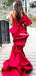 Stunning Straight Neck Mermaid Red Satin Long Prom Dresses, FC5949