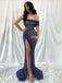 Stunning Off Shoulder Beaded Mermaid Sexy High Slit Prom Dresses, FC5983