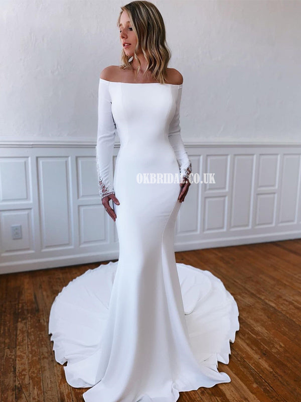 Long-sleeves Off Shoulder Mermaid Beaded Beach Wedding Dresses, FC5998