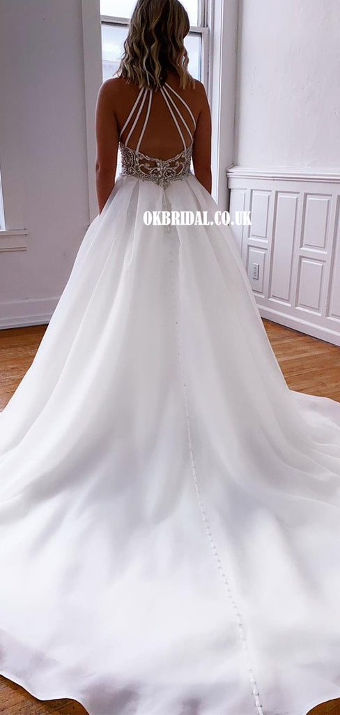 A-line Halter Backless Organza Beaded Beach Wedding Dresses, FC6001