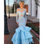 Blue Lace Long Sleeve Prom Dress, Memraid Open-Back Tulle Prom Dress, KX603