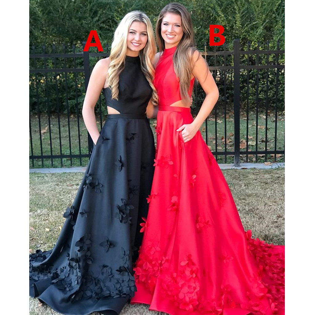 Black and Red A-Line Satin Sleeveless Applique Long Prom Dress, FC609