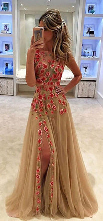 Tulle Sleeveless Prom Dress, Side Split Prom Dress, A-Line Prom Dress, Applique Prom Dress, KX60