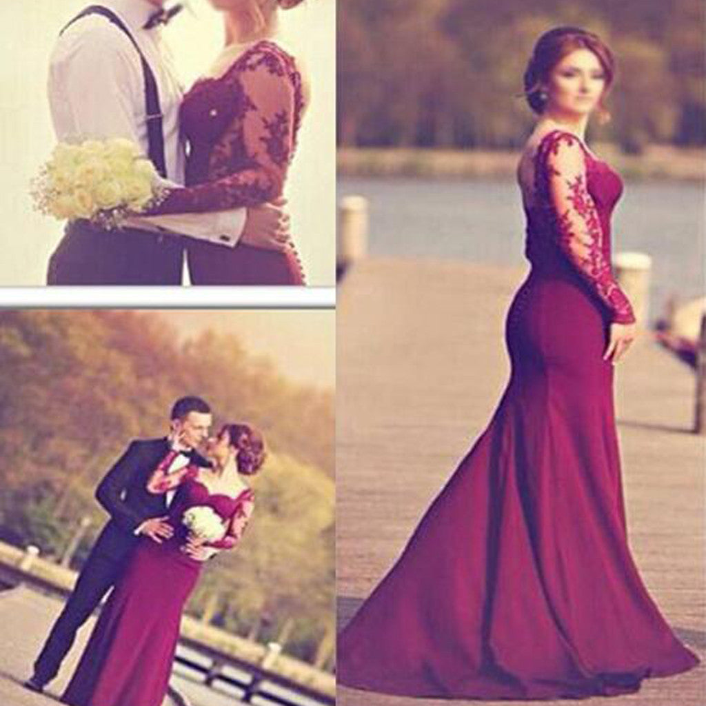 Burgundy Jersey Long Sleeve Lace Wedding Dresses, Popular Prom Dresses, WD0060