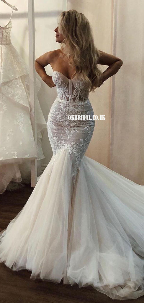 Gorgeous Sweetheart Lace Mermaid Backless Long Wedding Dresses, FC6116