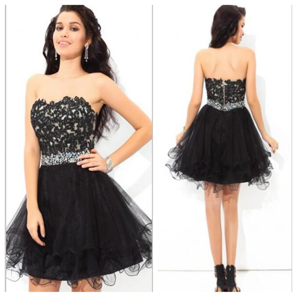 Strapless black lace mini freshman lovely tight homecoming prom gowns dress,BD0061