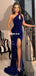 Sparkle Sequin Royal Blue Mermaid Slit One Shoulder Prom Dresses, FC6208