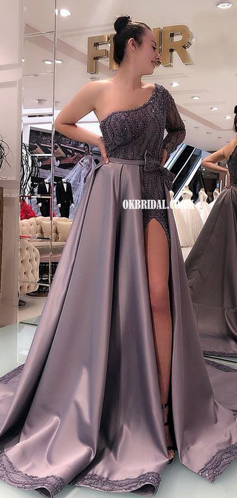 Gorgeous Long Sleeve Beaded Satin Prom Dresses with Detachable Skirt, FC6234