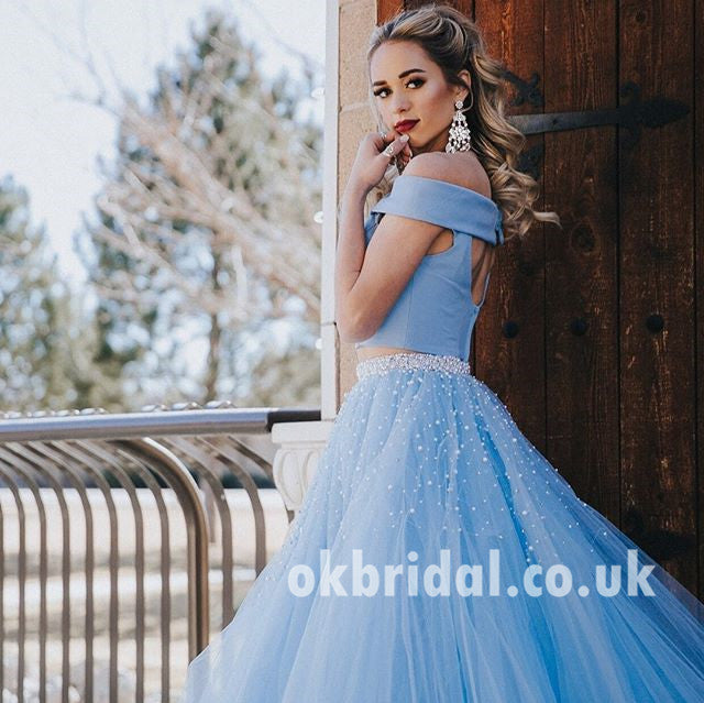 Two Pieces Off Shoulder Prom Dress, Blue A-Line Beaded Prom Dress, KX623