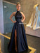 Black Elagant A-line Satin Sleeveless Open-Back Lace Prom Dresses, FC6256