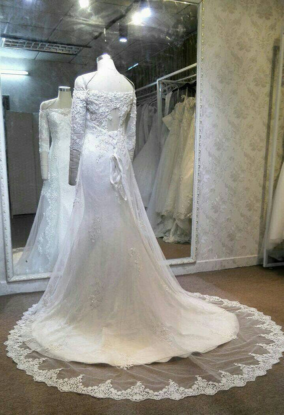 Long Sleeves Straight Neck Charming Lace Beaded Stunning Inexpensive Wedding Dress, WG635