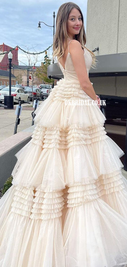 Adorable Puffy A-line Tulle V-neck Spaghetti Straps Prom Dresses, FC6484