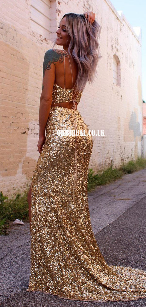 Gold Two-Pieces Sequin Spaghetti Straps V-neck Backless Prom Dresses, FC6492