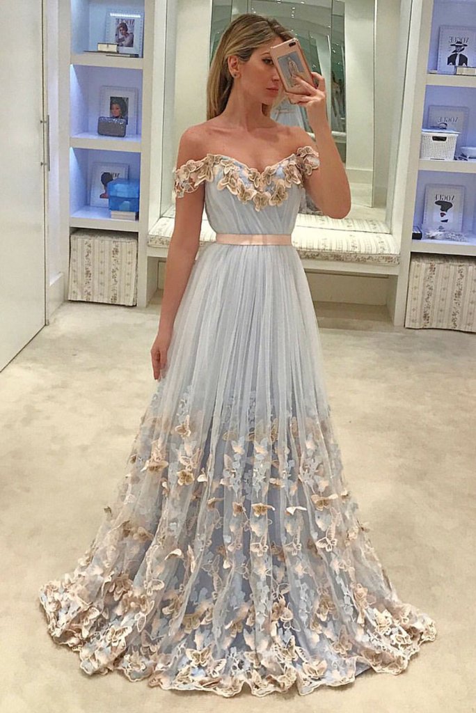 Tulle Prom Dresses, Off Shoulder Prom Dresses, Applique A-Line V-Back Prom Dress, LB0665