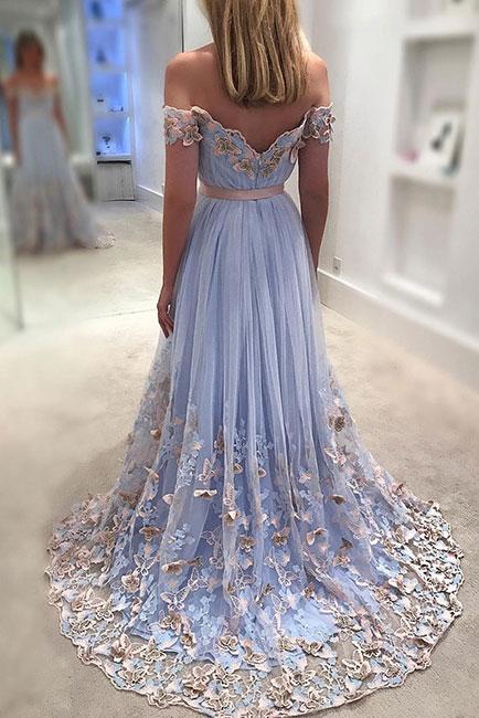 Tulle Prom Dresses, Off Shoulder Prom Dresses, Applique A-Line V-Back Prom Dress, LB0665