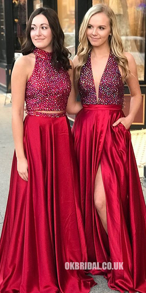 Beaded Top A-Line Prom Dresses, Red Satin Backless Prom Dress, KX669