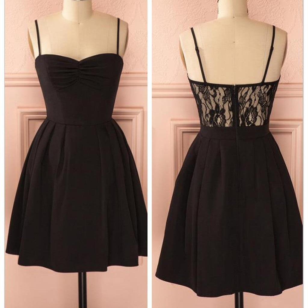 Spaghetti strap black simple lace cheap sexy homecoming prom dress,BD0067