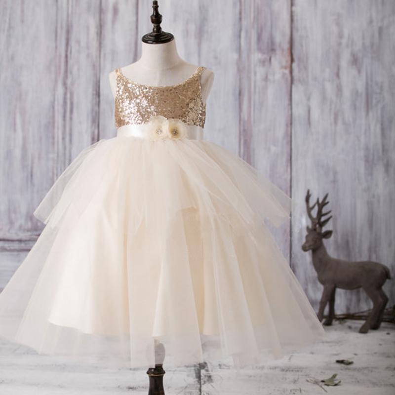 Gold Sequin Top Tulle Flower Girl Dresses, Lovely Tutu Dresses for Little Girl, FG052