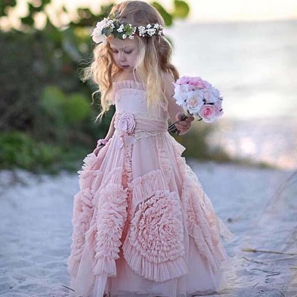 Lovely Spaghetti Soft Pink Flower Girl Dresses For Beach Wedding, Unique Little Girl Dresses, FG069