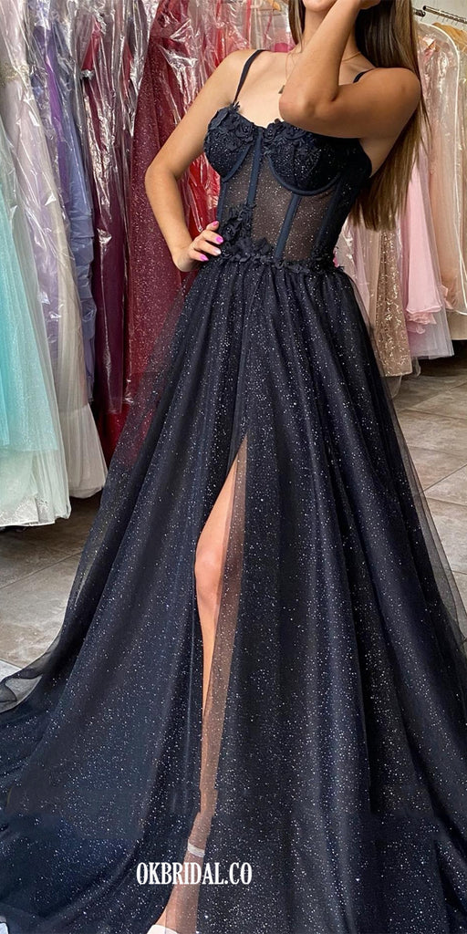 Black Spaghetti Straps Sweetheart A-line Sparkle Prom Dresses, FC7023