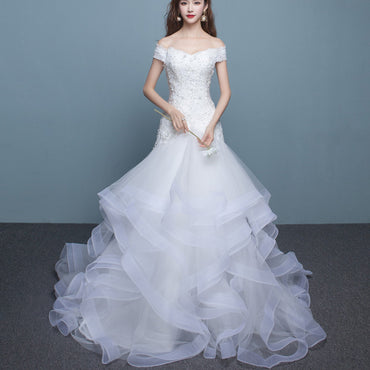 Long Wedding Dress, Gorgeous Wedding Dress, Off Shoulder Wedding Dress, Organza Bridal Dress, Sequin Wedding Dress, Applique Wedding Dress, Mermaid Wedding Dress, LB0716